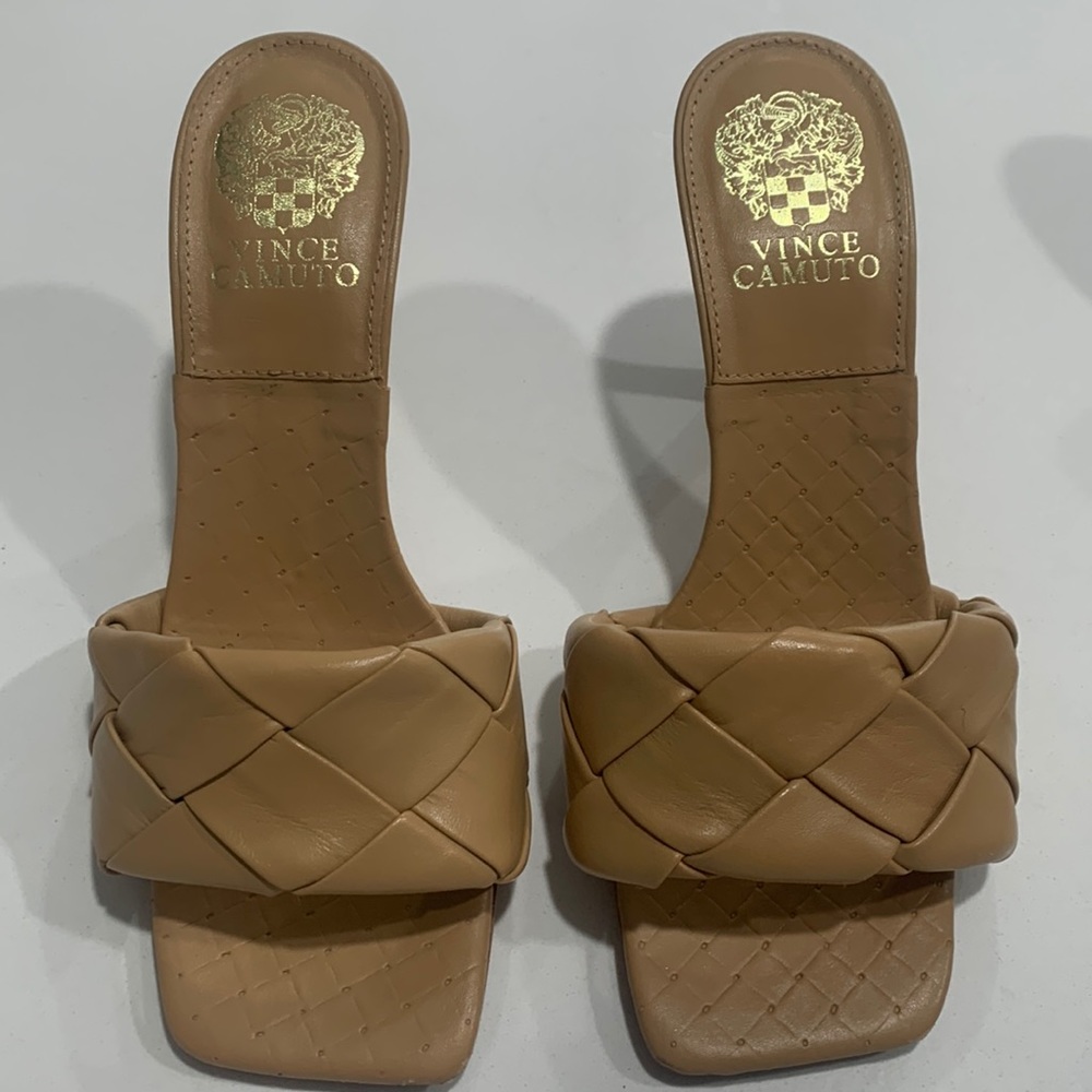 Vince Camuto Brelanie Woven Strap Mule Heels in Camel